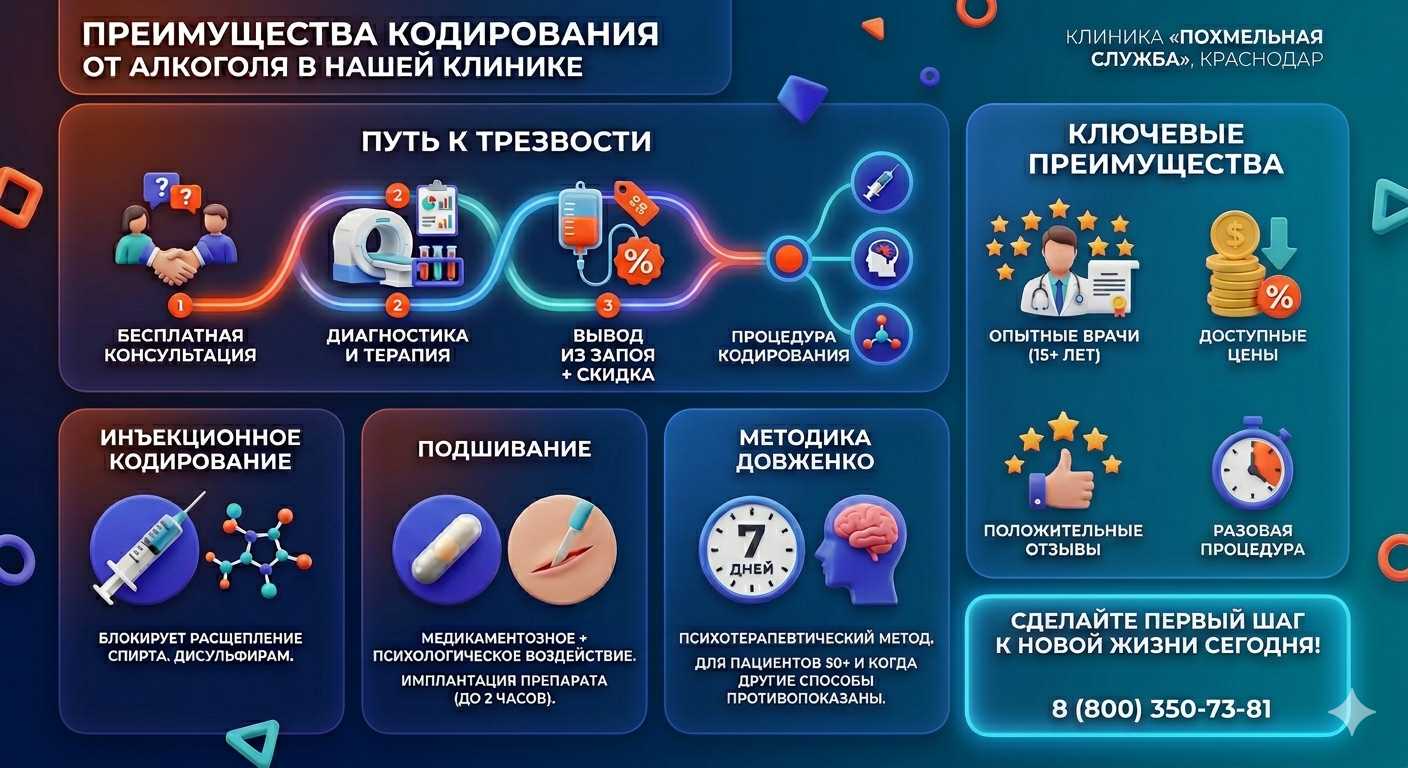Инфографика о методах кодирования от алкоголя в Щёлково: инъекции, подшивание, метод Довженко. Преимущества клиники и этапы лечения.